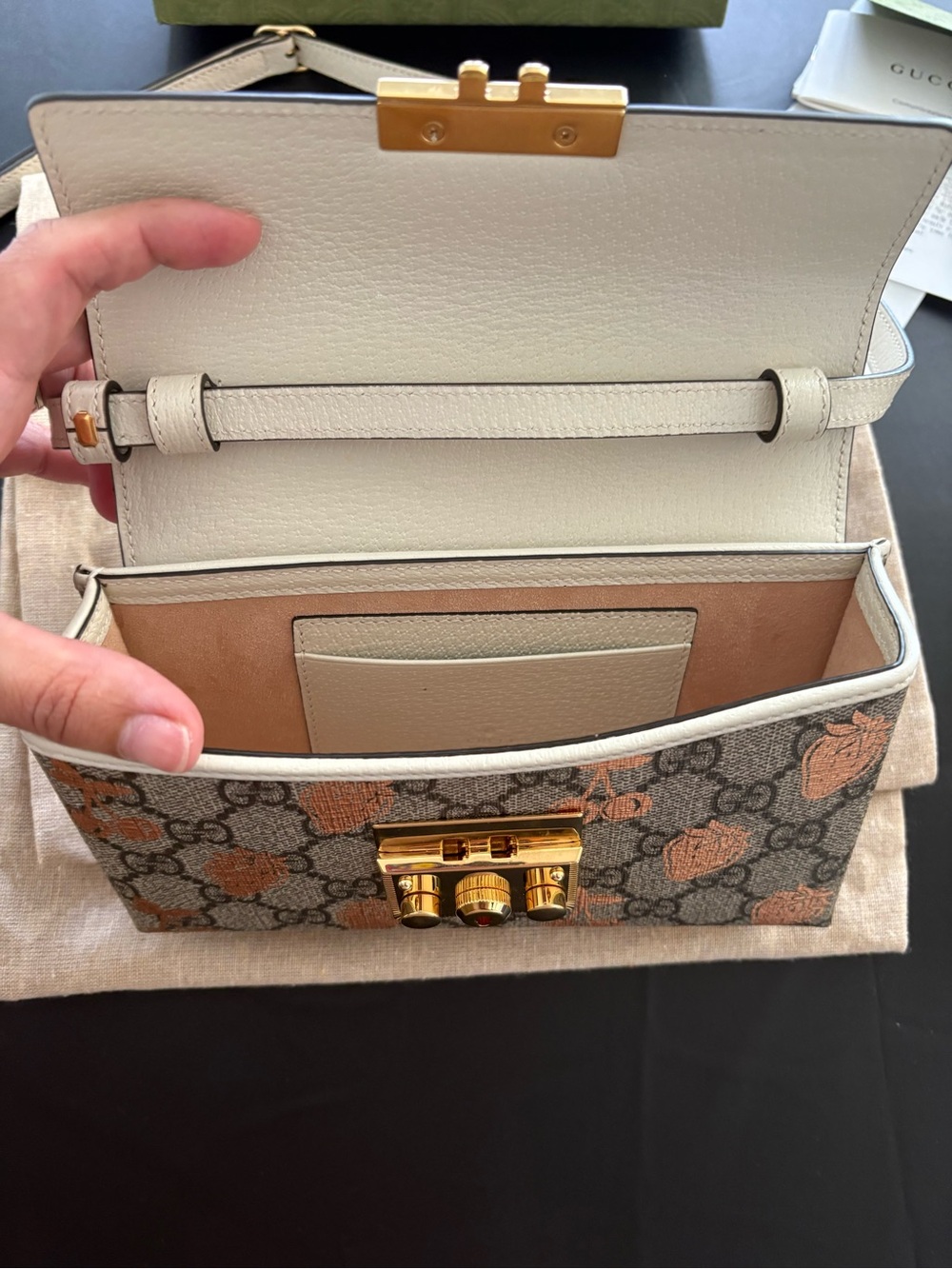 Gucci Beige GG Supreme Canvas Satchel with Peach Motif and Gold Hardware - Picture 7 of 11